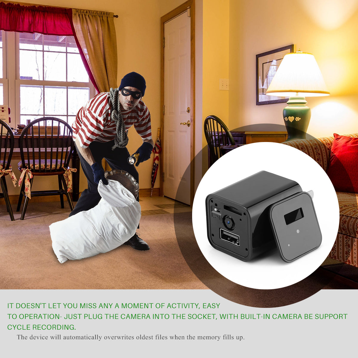 Person in a room with a small camera device inset, highlighting its features.