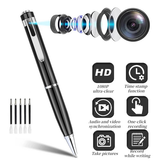 Pen with camera lens attachments and features on a white background