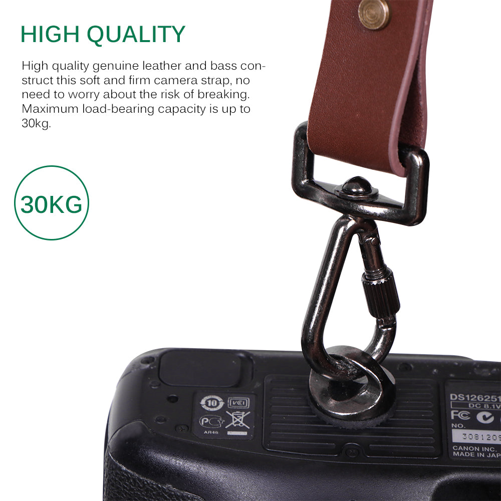 Camera strap with high-quality leather attachment on a camera, featuring text about its durability and load-bearing capacity.