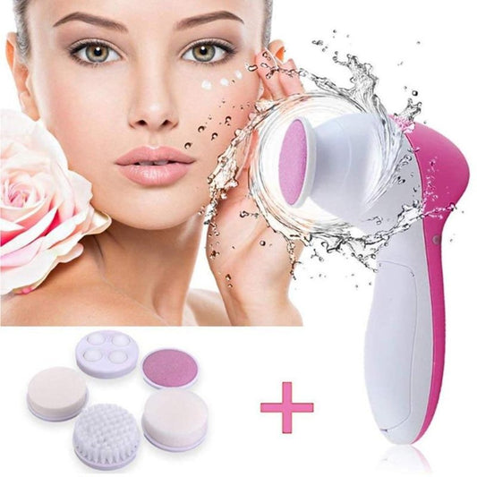 Woman holding a pink and white facial cleansing device with additional attachments on a white background. Best online retail store. Axis-Dynamics