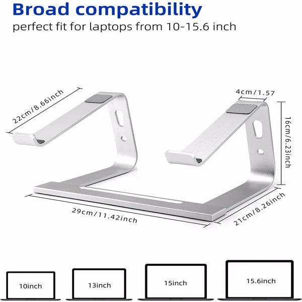 Laptop stand with dimensions and compatibility information on a white background. Computer parts and accessories for sale. Axis-Dynamics