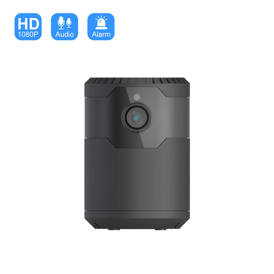 Black security camera with HD 1080P, audio, and alarm features on a white background. best compact camera for travel