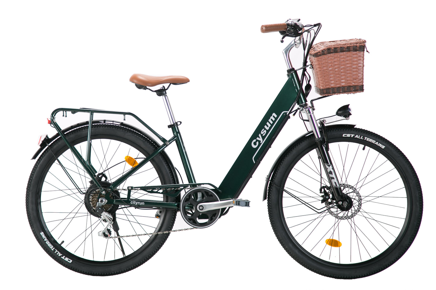 Green bicycle with a basket on a white background