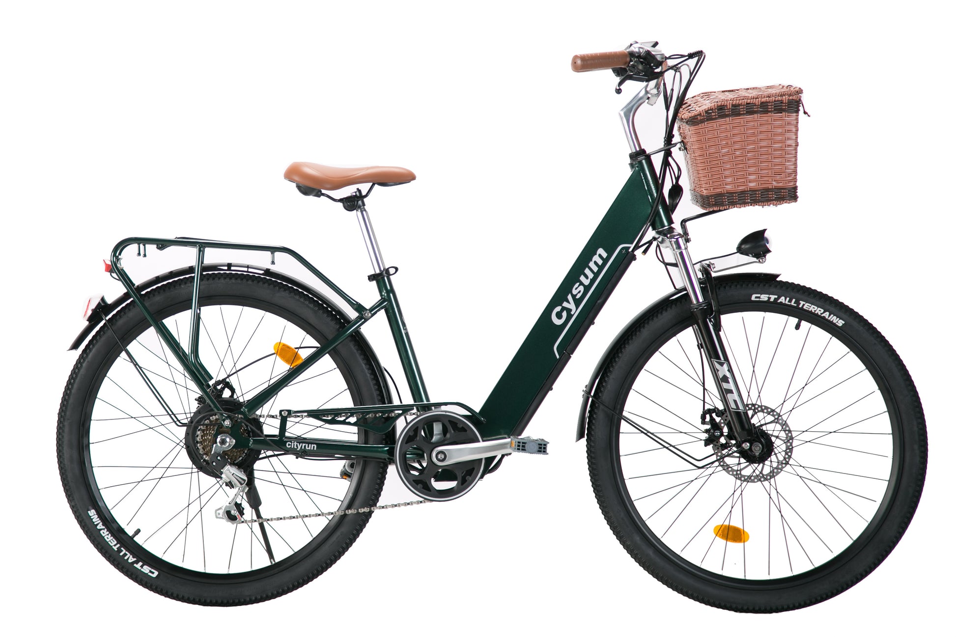 Green bicycle with a basket on a white background