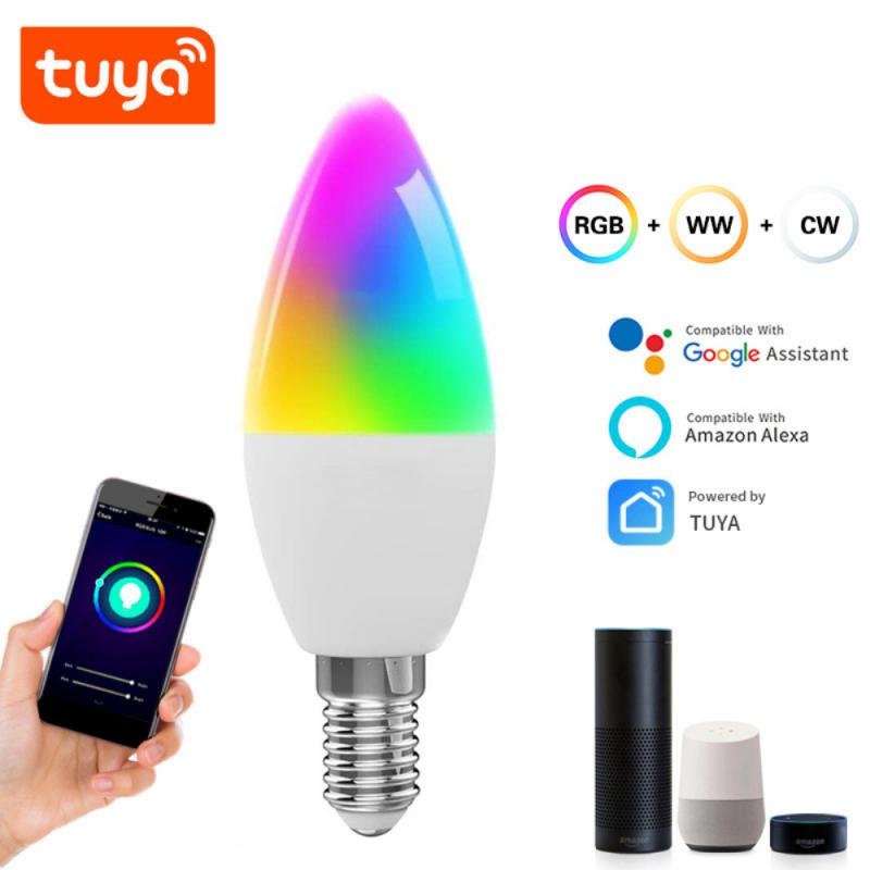 Smart LED bulb with Tuya logo, RGB color display, and compatibility with Google Assistant and Amazon Alexa on a white background.