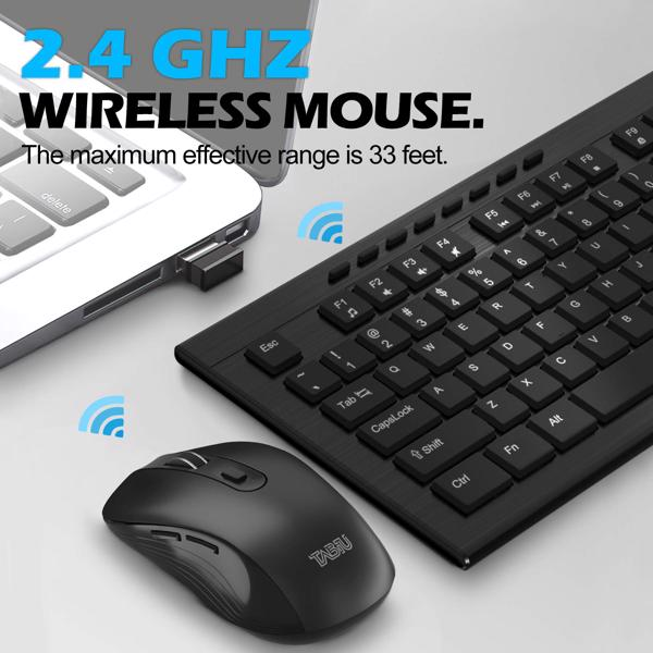Black keyboard and mouse set with 2.4 GHz wireless connection on a light gray background. Best online electronics store. Axis-Dynamics
