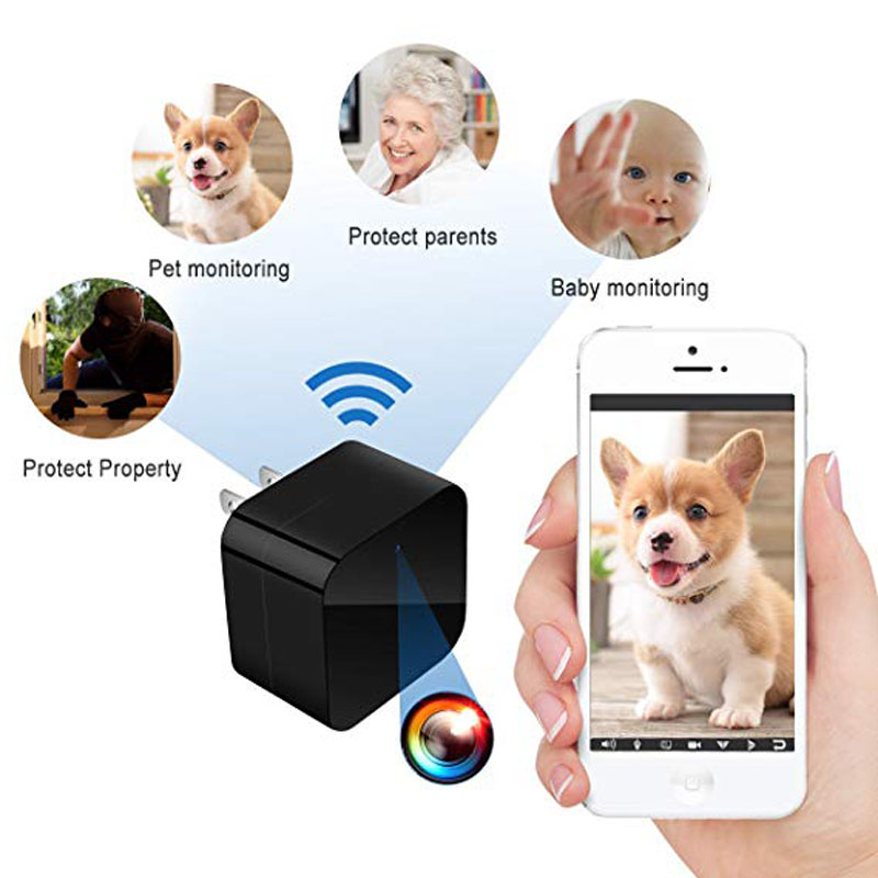 Smart device for pet monitoring with smartphone app showing a dog, suitable for pet, parent, and baby monitoring.