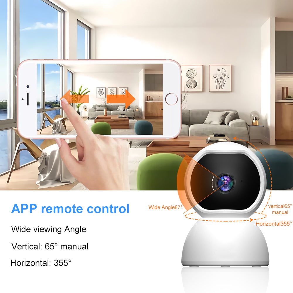 Smart home security camera with app remote control feature displayed on a smartphone screen.
