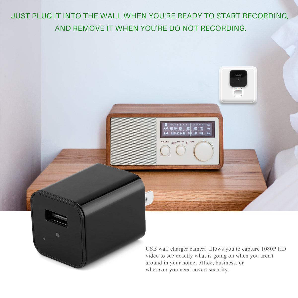 USB wall charger camera on a wooden surface with text instructions.