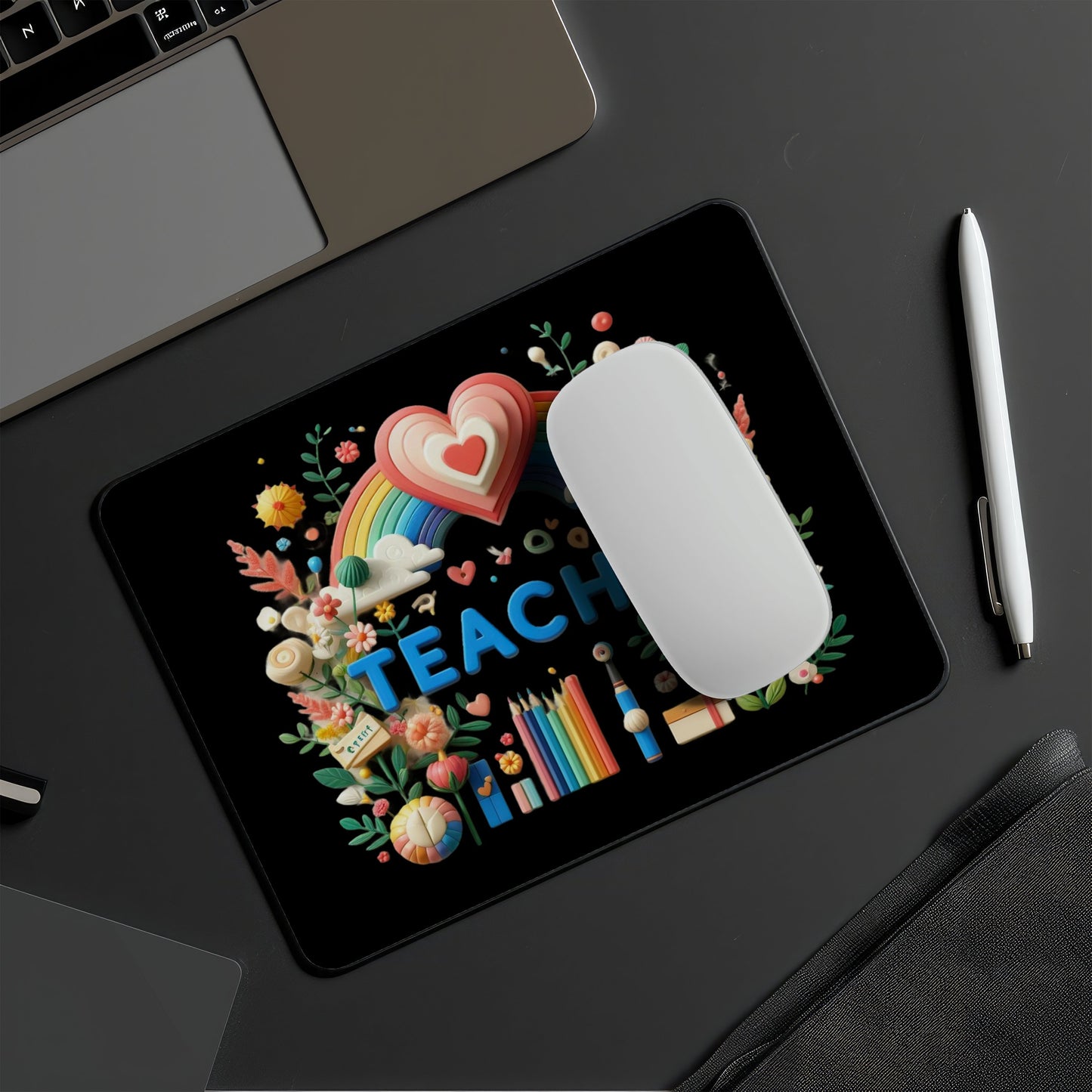 Mouse pad with 'TEACH' design on a desk with a laptop and pen. multi device wireless keyboard and mouse combo. Axis-Dynamics