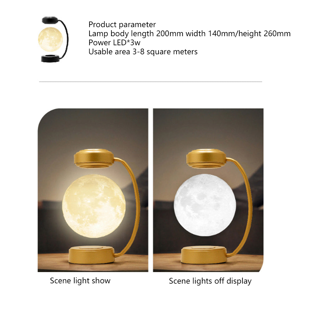 Table lamp with gold base and round glass shade showing scene light show and off display on a wooden surface.