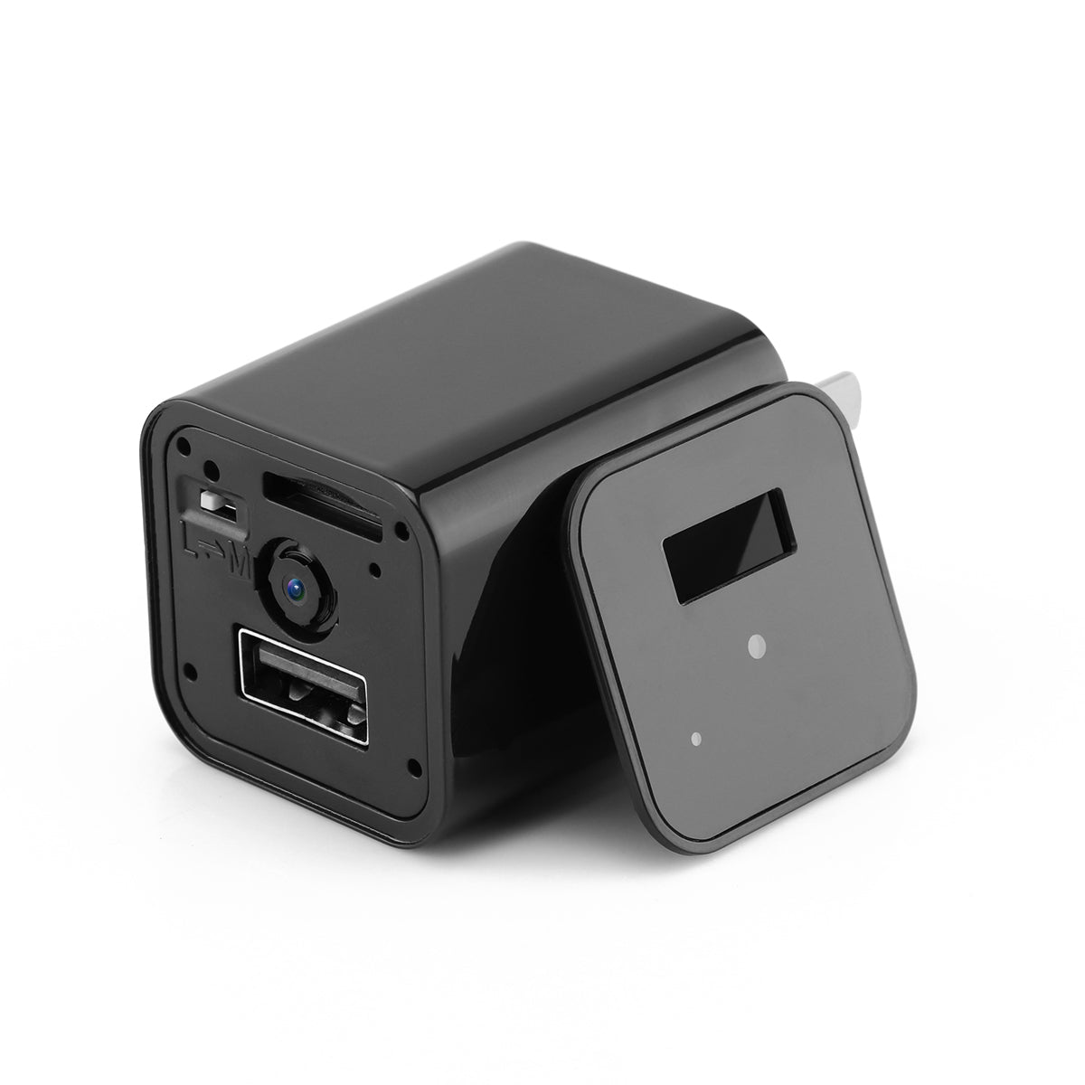 Black electronic device with USB port and camera lens on a white background