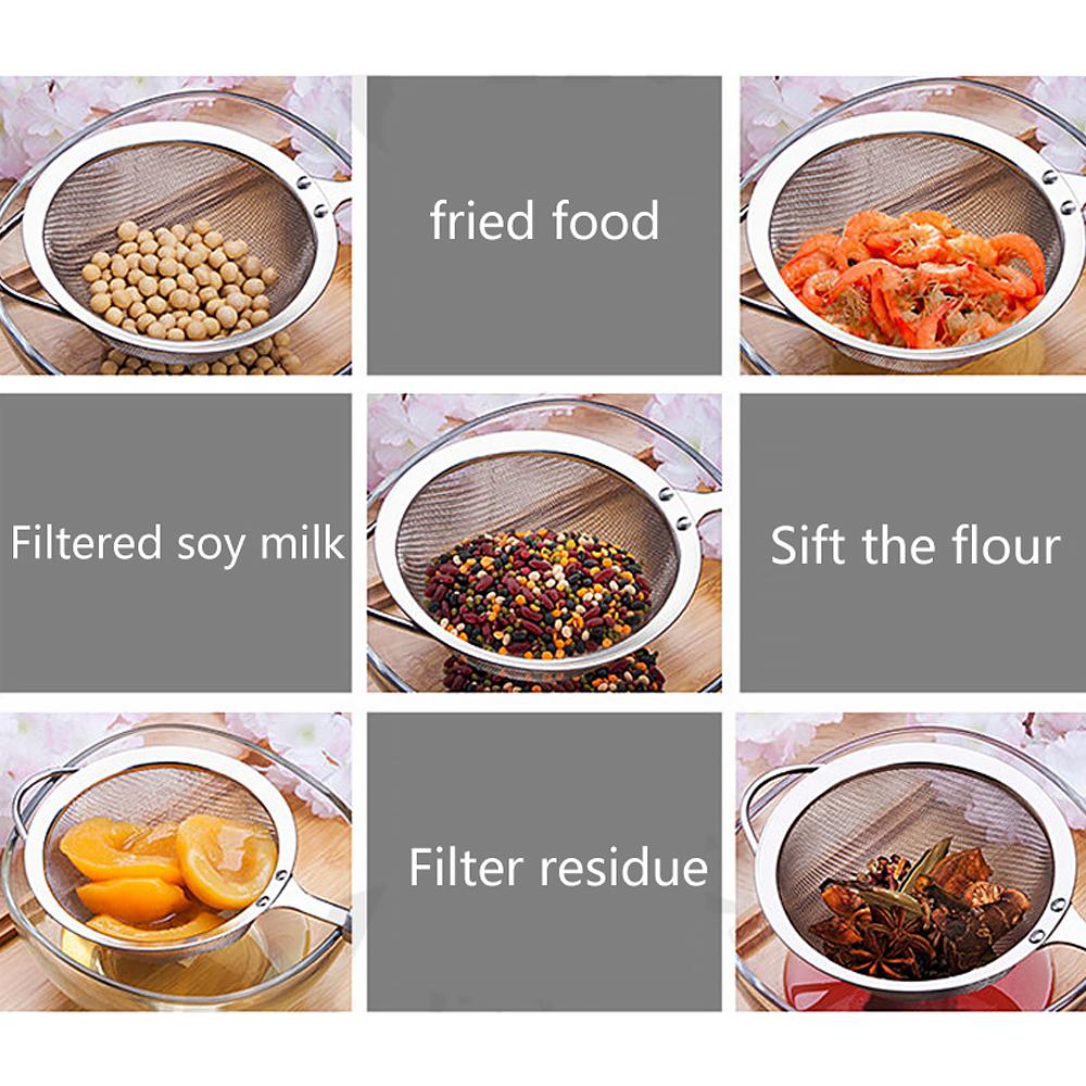 Collage of a metal strainer being used for various food processing tasks.