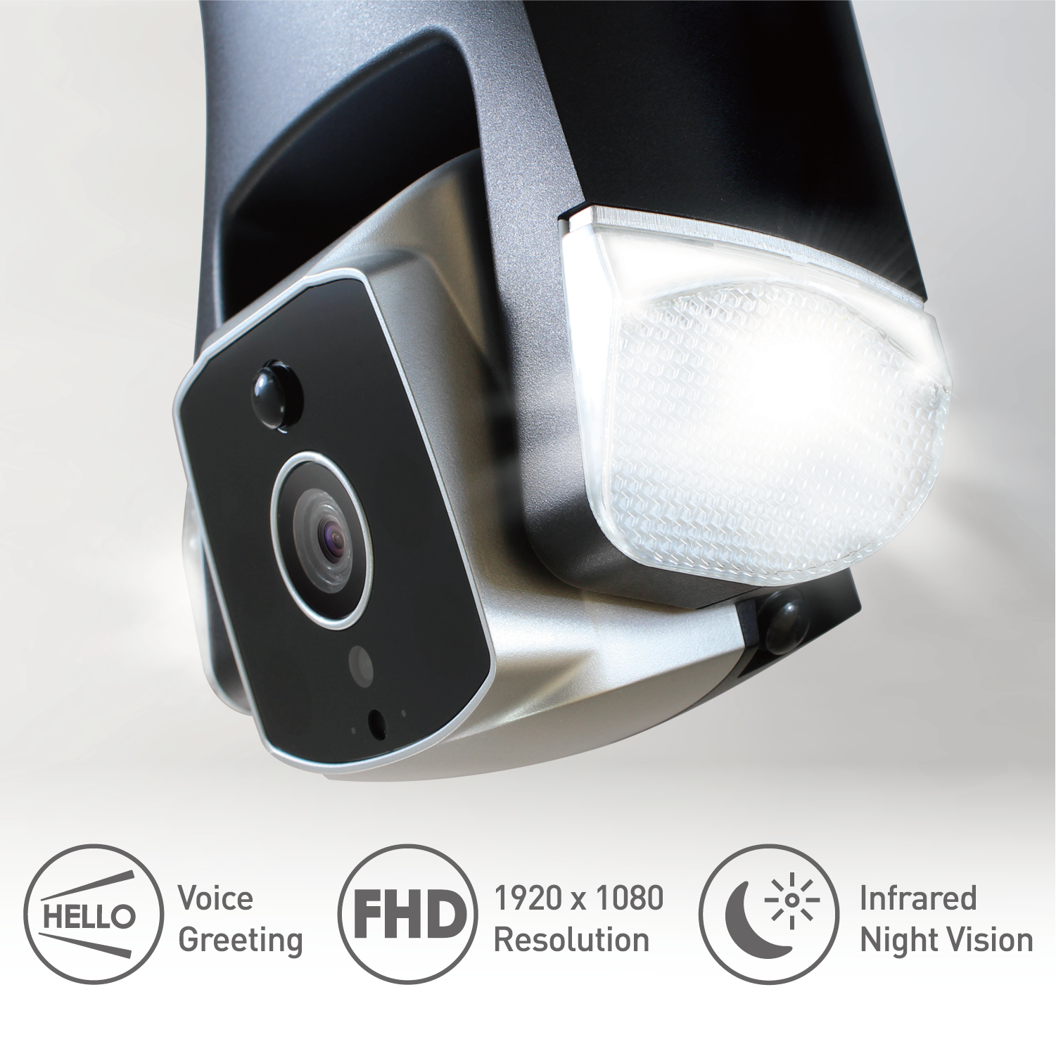 Security camera with light on a white background, featuring voice greeting, FHD resolution, and infrared night vision.