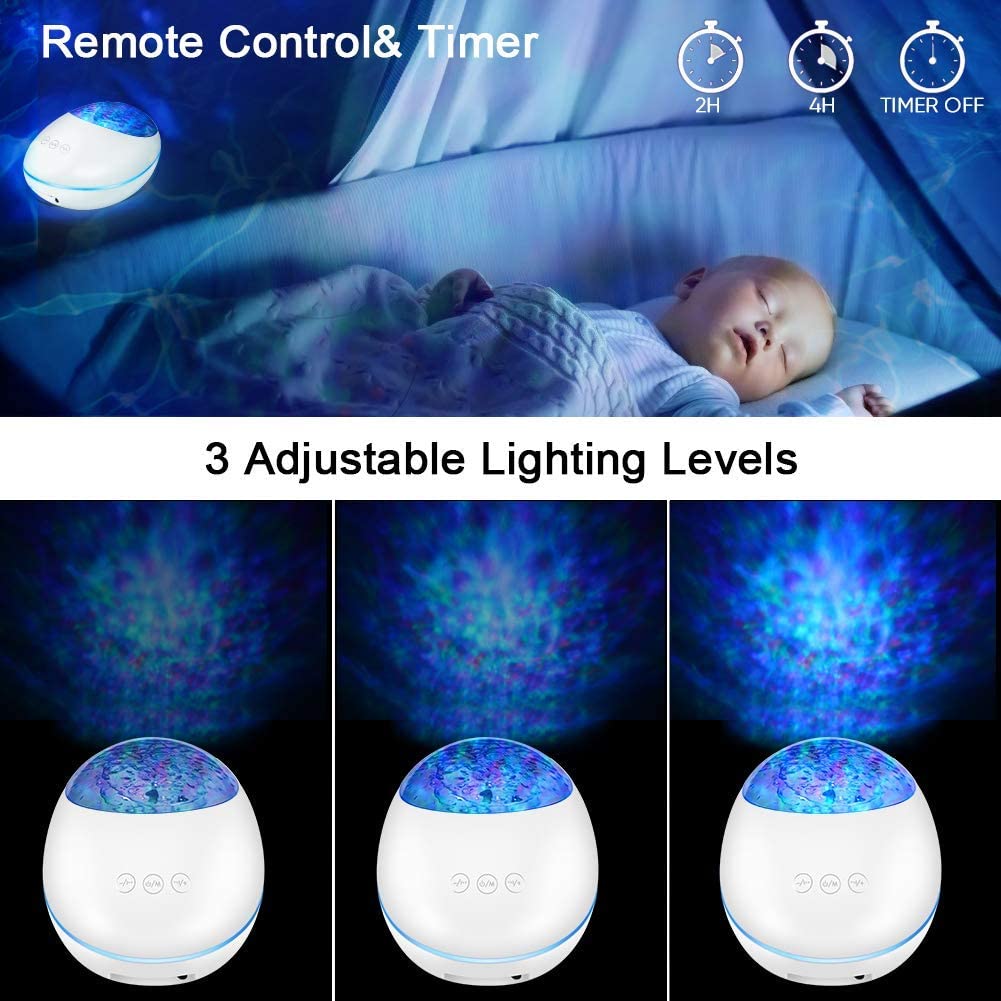 Baby sleeping in a crib with a night light, showing remote control, timer, and adjustable lighting levels.