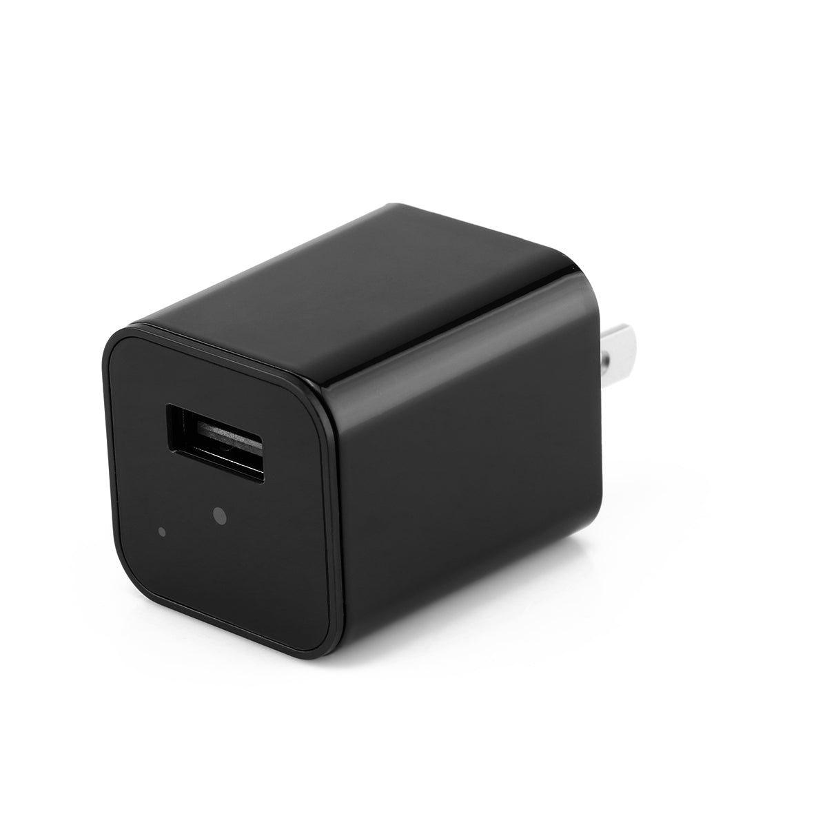 Black USB wall adapter on a white background