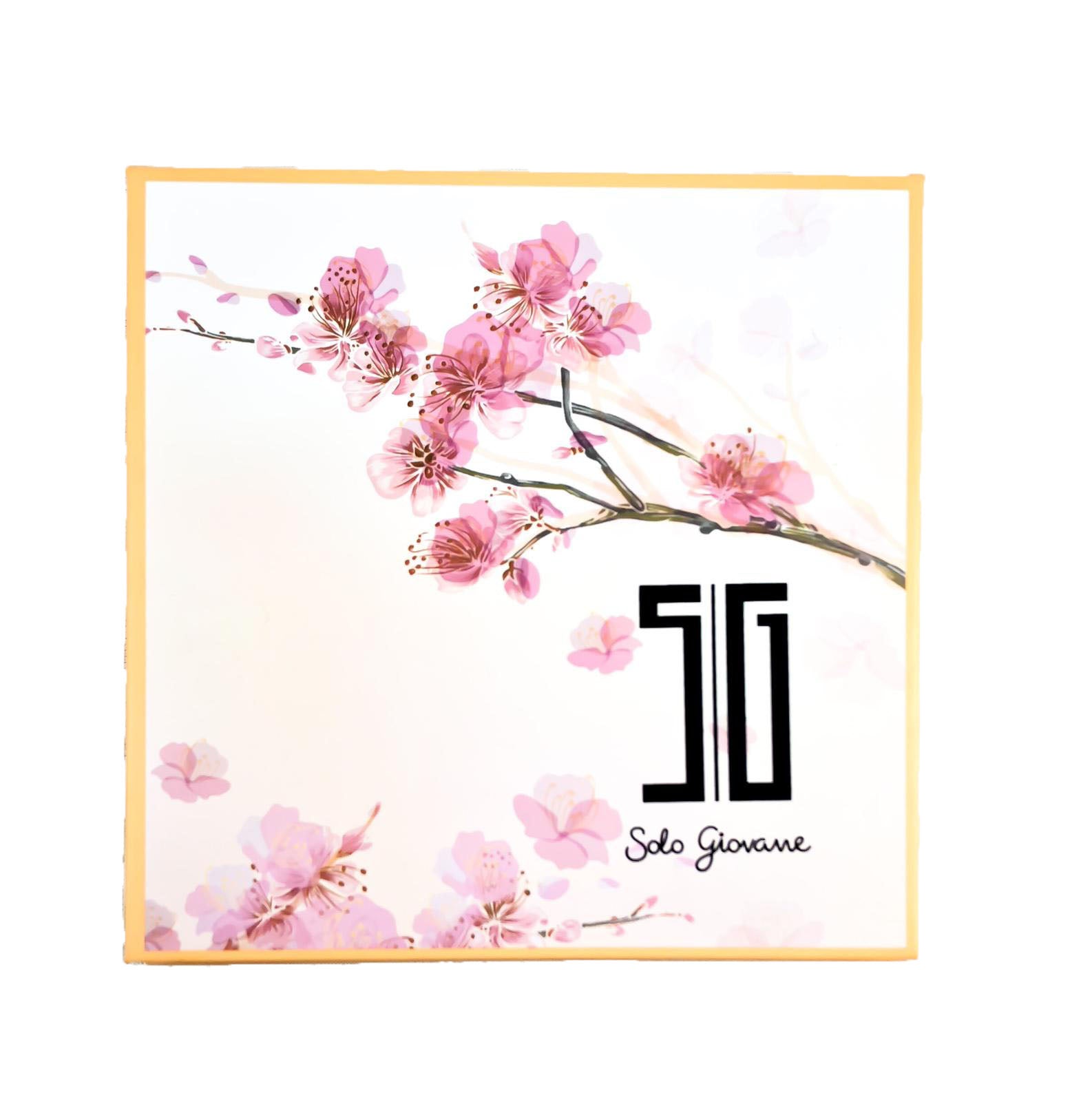 Framed artwork of pink cherry blossoms with a brand logo on a white background. Best online retail store. Axis-Dynamics