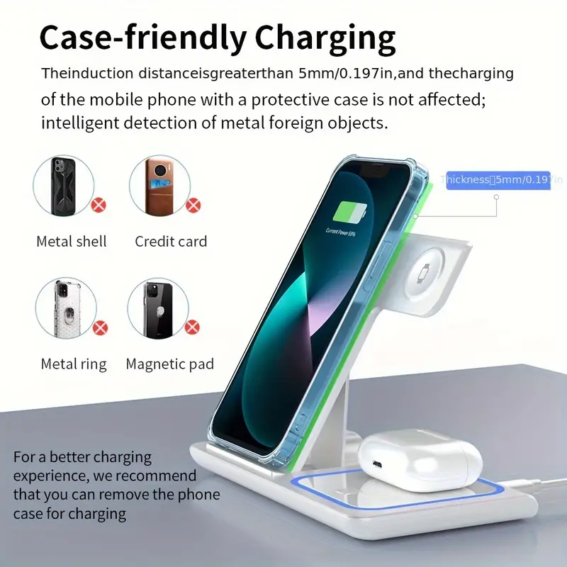 Wireless charging stand with smartphone and AirPods on a gray surface, featuring text about case-friendly charging. Axis-Dynamics