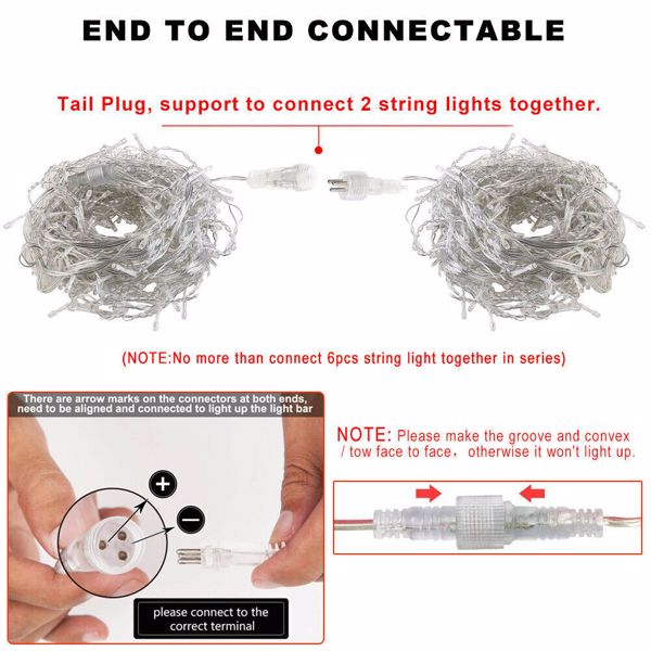 String lights with tail plug for end-to-end connectivity, showing assembly instructions.