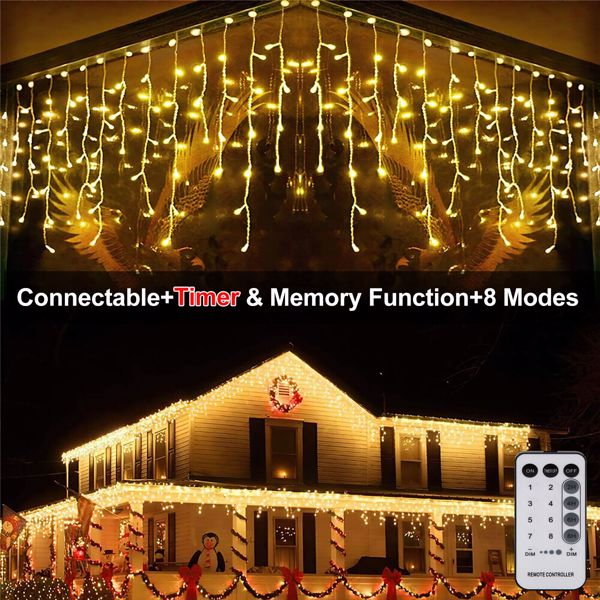 String lights on a house exterior with remote control, featuring text about connectivity, timer, memory function, and modes.