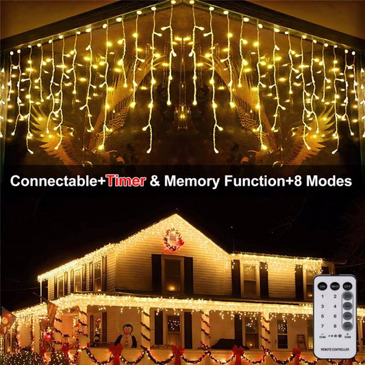 String lights on a house exterior with remote control, featuring text about connectivity, timer, memory function, and modes.