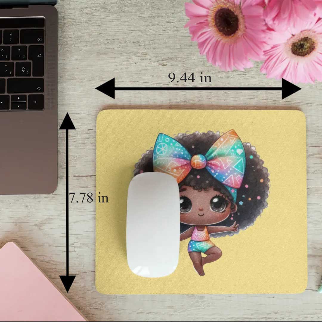 Mouse pad with a design of a girl with a colorful bow, placed on a desk with a laptop and flowers. magnetic switch rapid trigger gaming keyboard