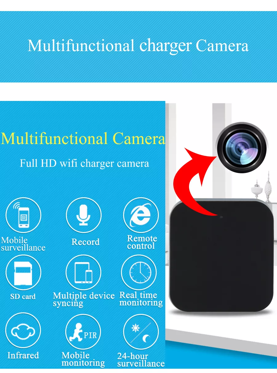 Multifunctional charger camera with features listed on a blue background