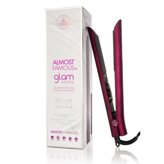 Purple hair straightener with 'Almost Famous' packaging on a white background.  Best skincare. haircare, beauty, and healthcare online shop. Axis-Dynamics.