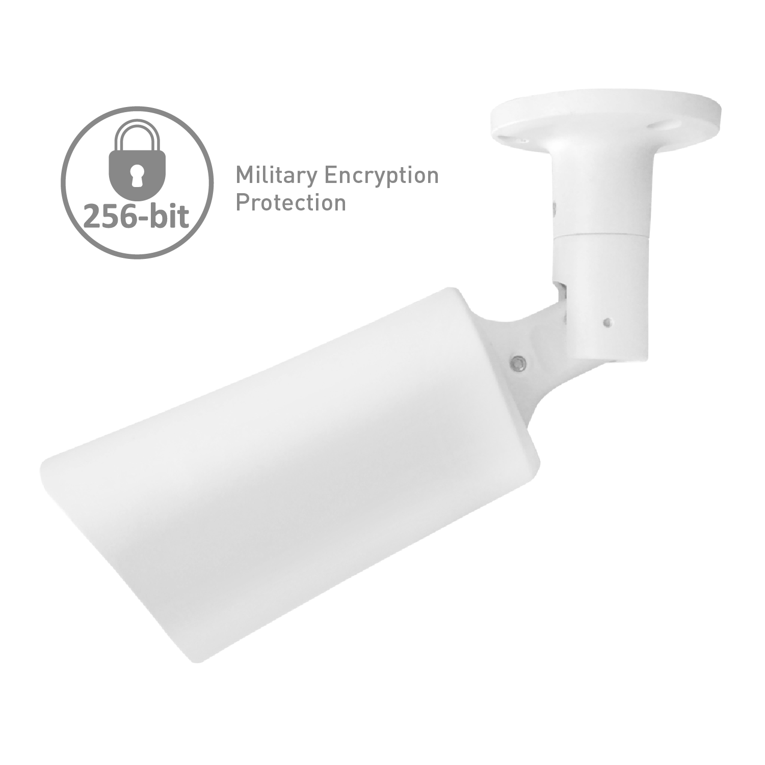 White security camera with 256-bit military encryption protection label on a white background