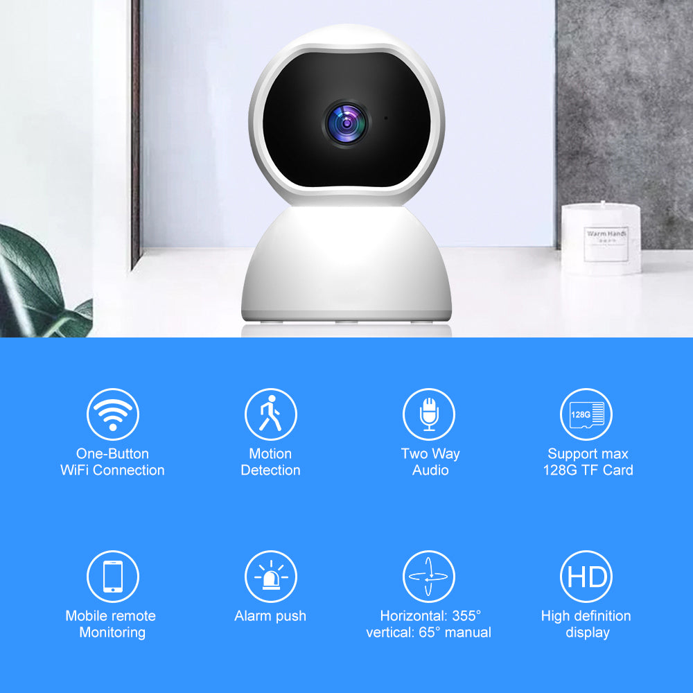 White security camera on a white surface with a blue feature list overlay.