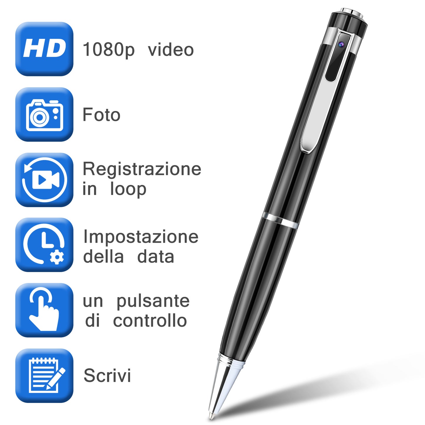 Pen with video recording and writing functions on a white background