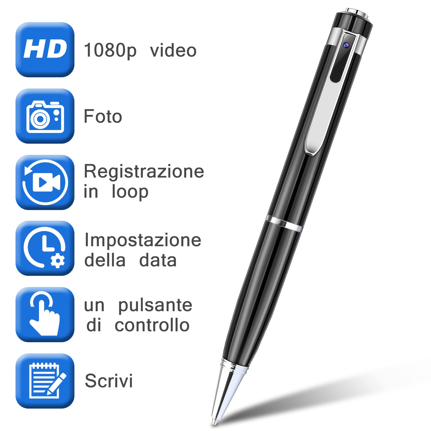 Pen with video recording and writing functions on a white background
