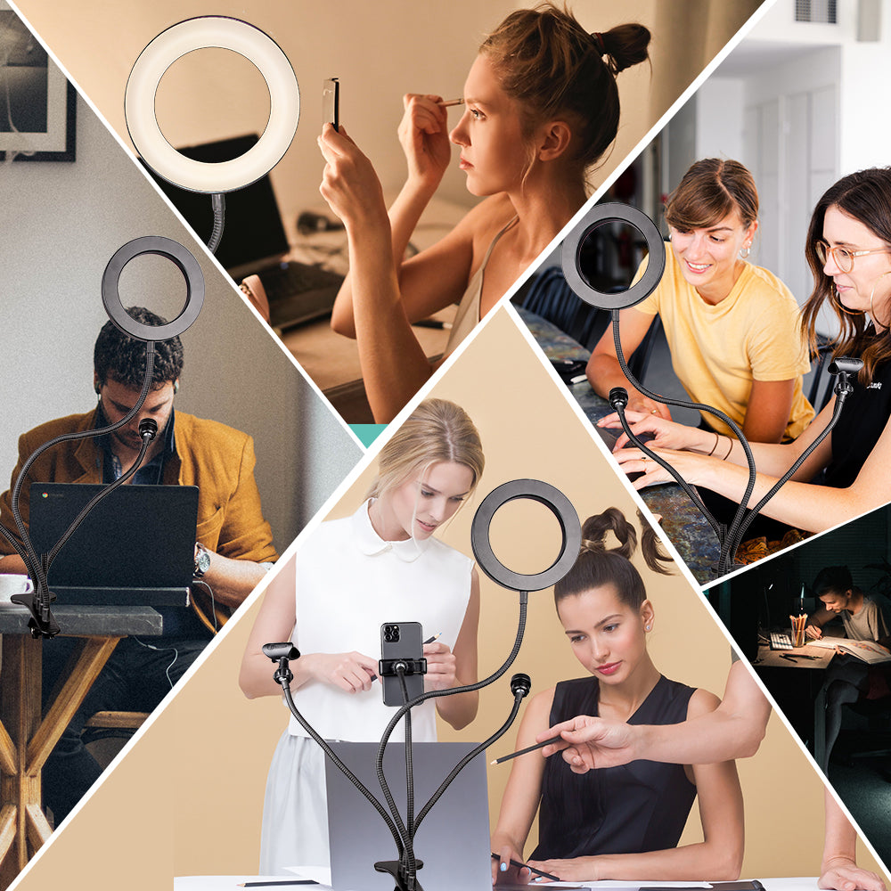 Collage of people using a ring light in various settings.
