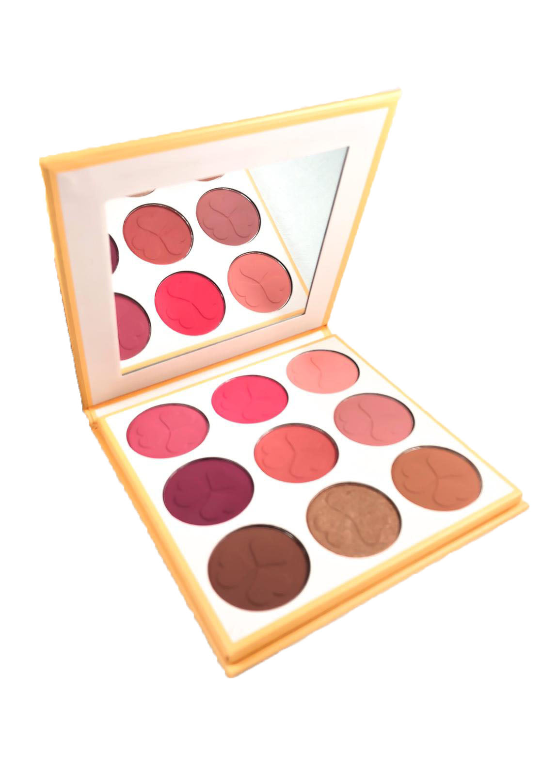 Makeup palette with various shades of pink, red, and brown on a white background. Best online retail store. Axis-Dynamics