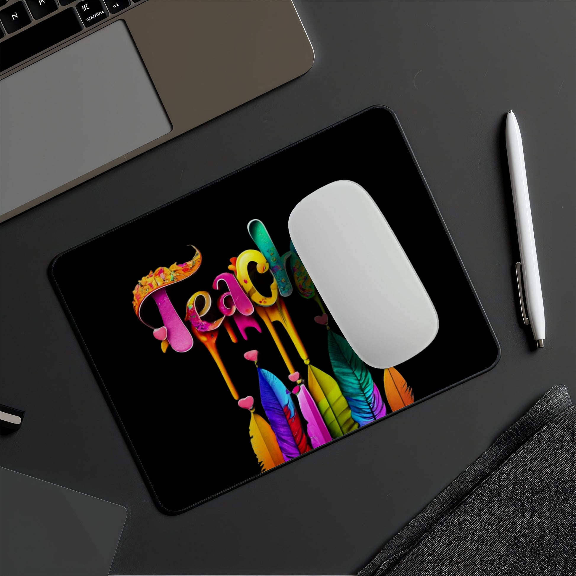 Colorful 'Teach' mouse pad on a desk with a laptop and pen. Best electronics online store near me. Axis-Dynamics
