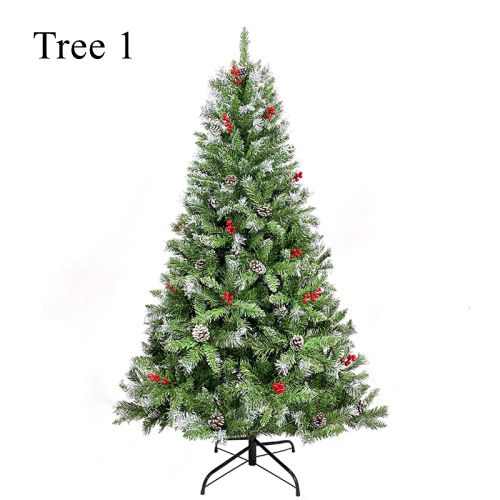 Decorated Christmas tree with red ornaments and pinecones on a white background