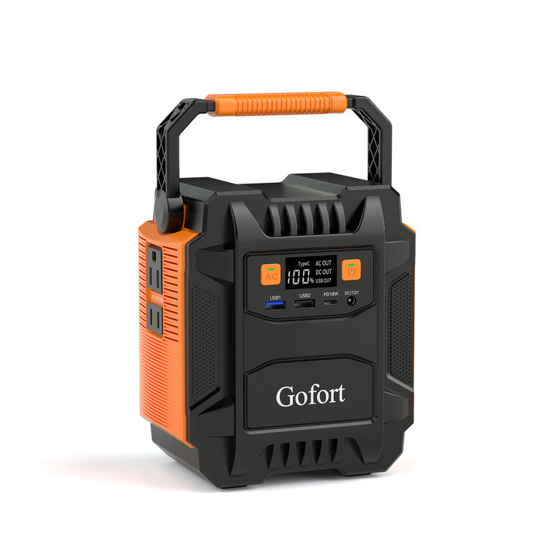 Black and orange portable power station with digital display on a white background. portable power station