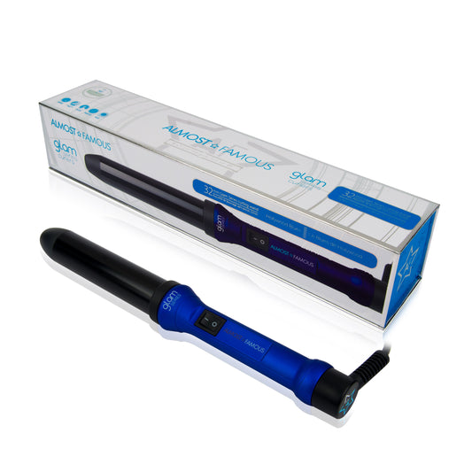 Blue hair straightener with 'Almost Famous Glam' branding on a white background.  Best skincare. haircare, beauty, and healthcare online shop. Axis-Dynamics.