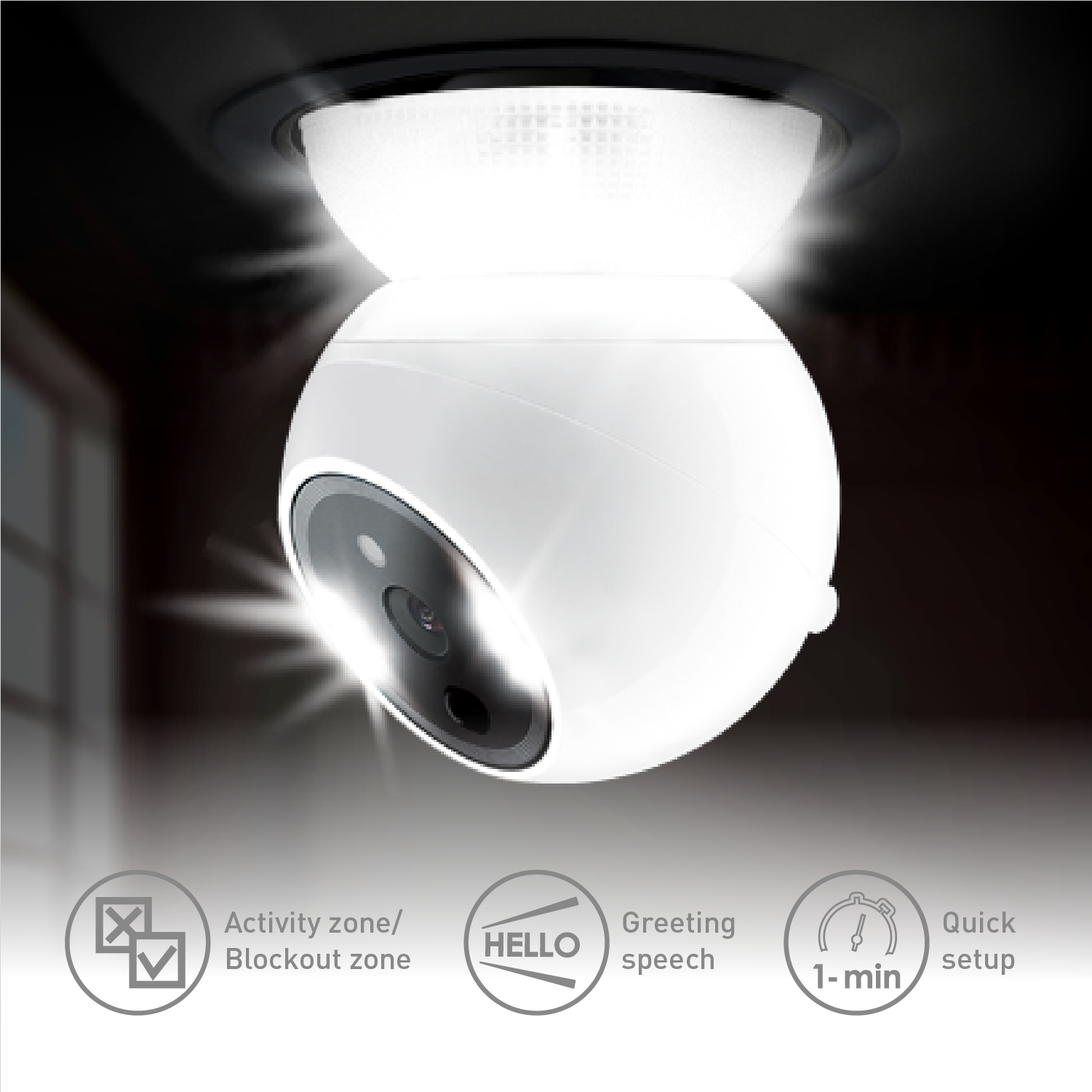 Smart home security camera with light on a dark background