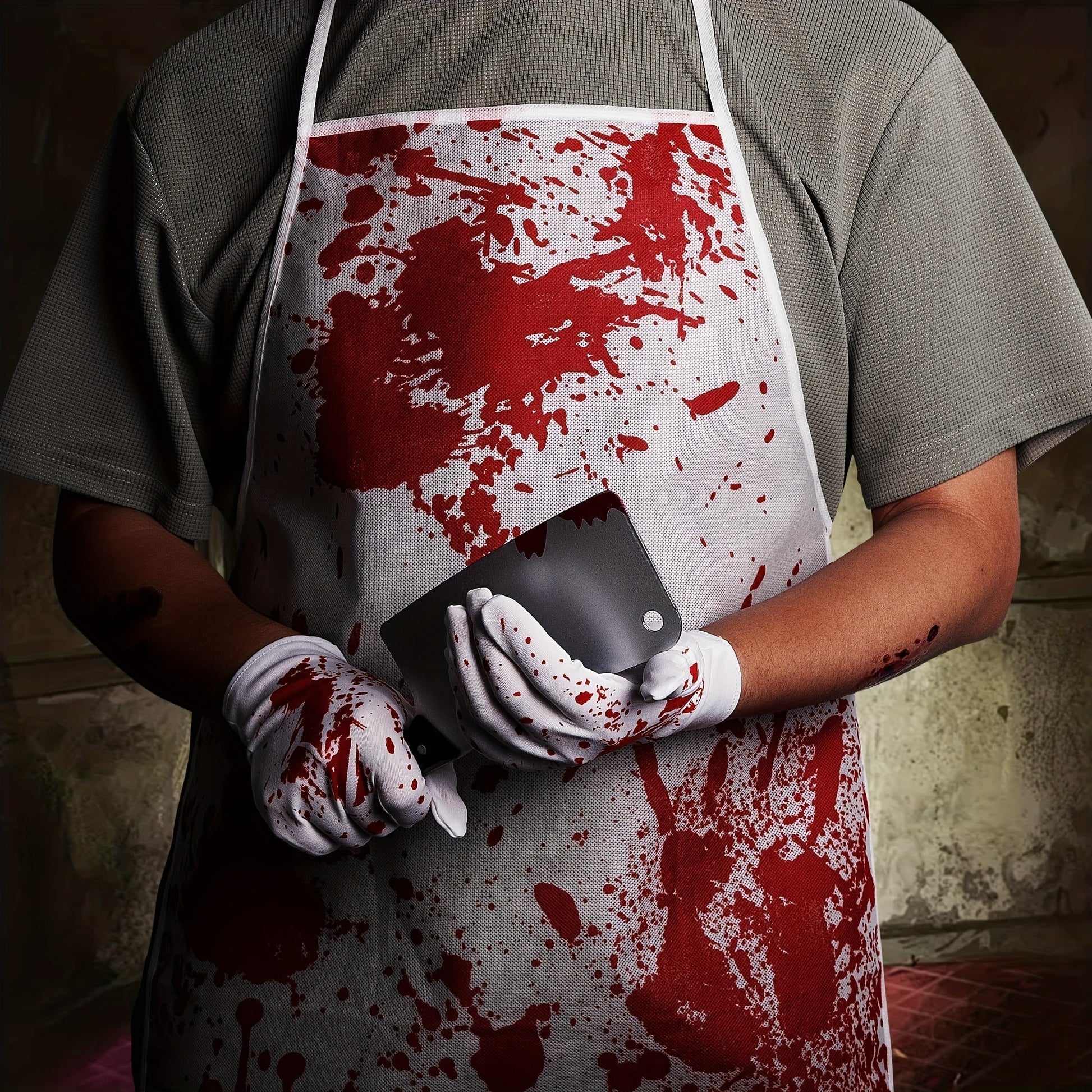 Person wearing a blood-stained apron and gloves holding a smartphone.