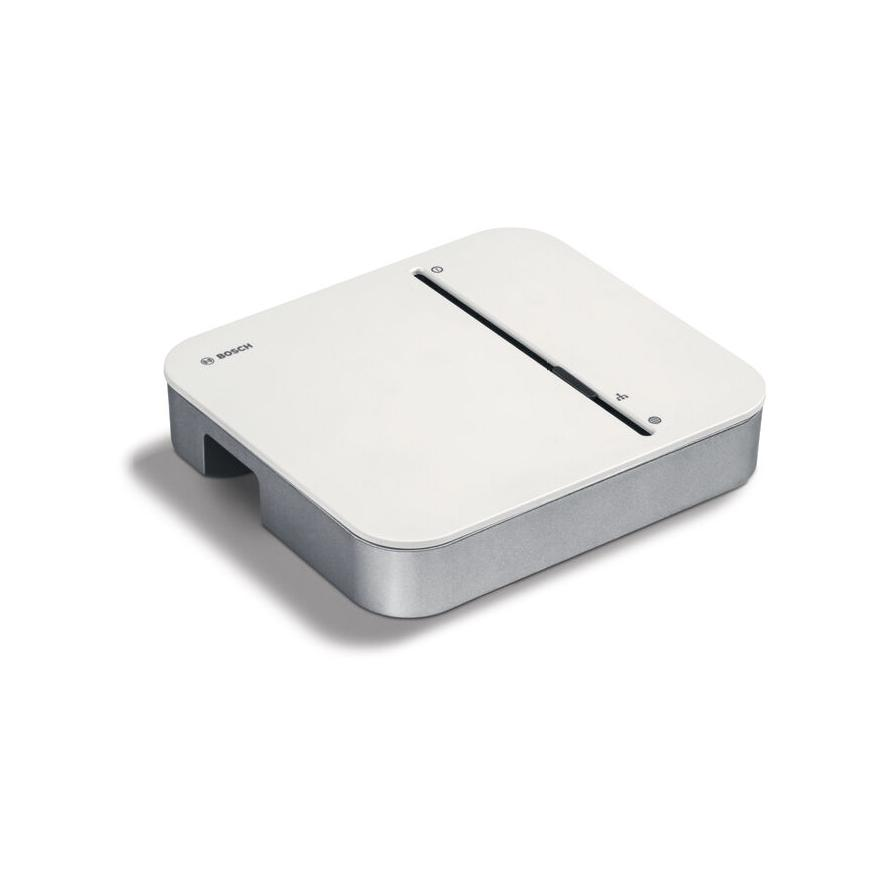White electronic device with a brand logo on a white background