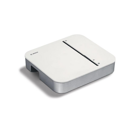 White electronic device with a brand logo on a white background