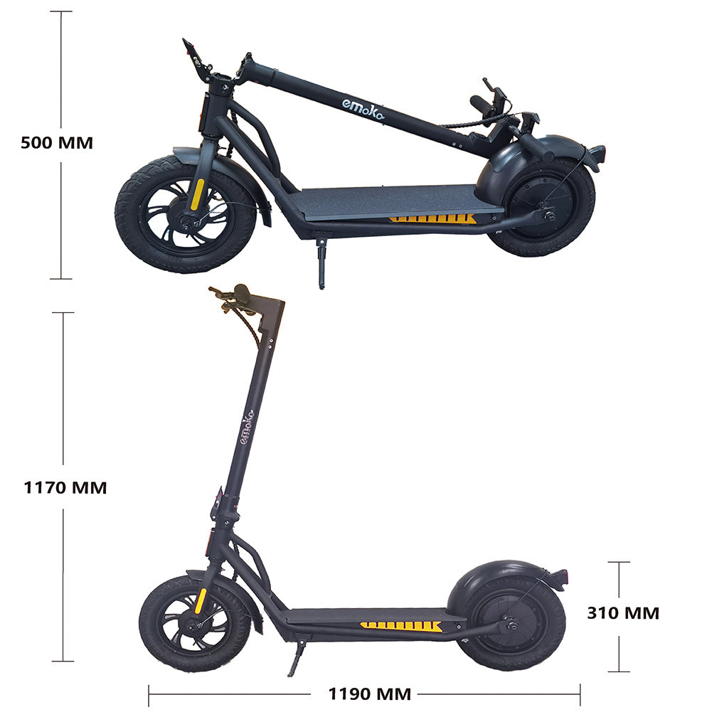 Two electric scooters with dimensions labeled on a white background