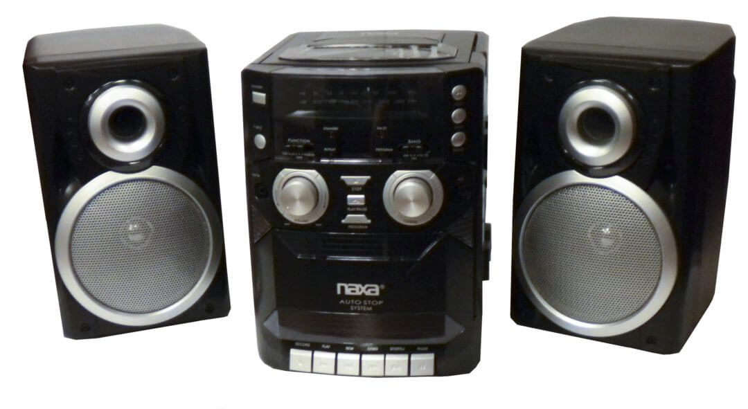 Black stereo system with two speakers on a white background