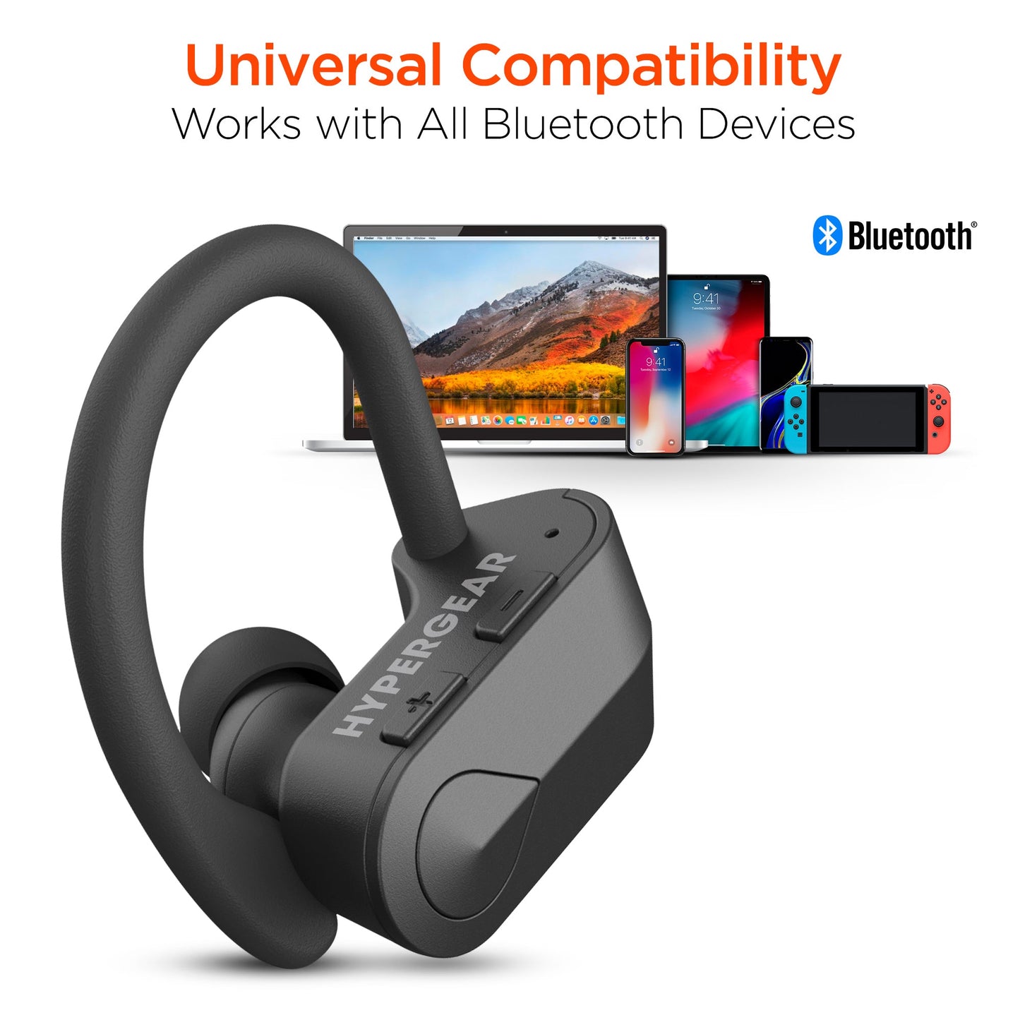 Black wireless earbuds with 'HYPERGEAR' branding, shown with smartphone, tablet, and computer on a white background.