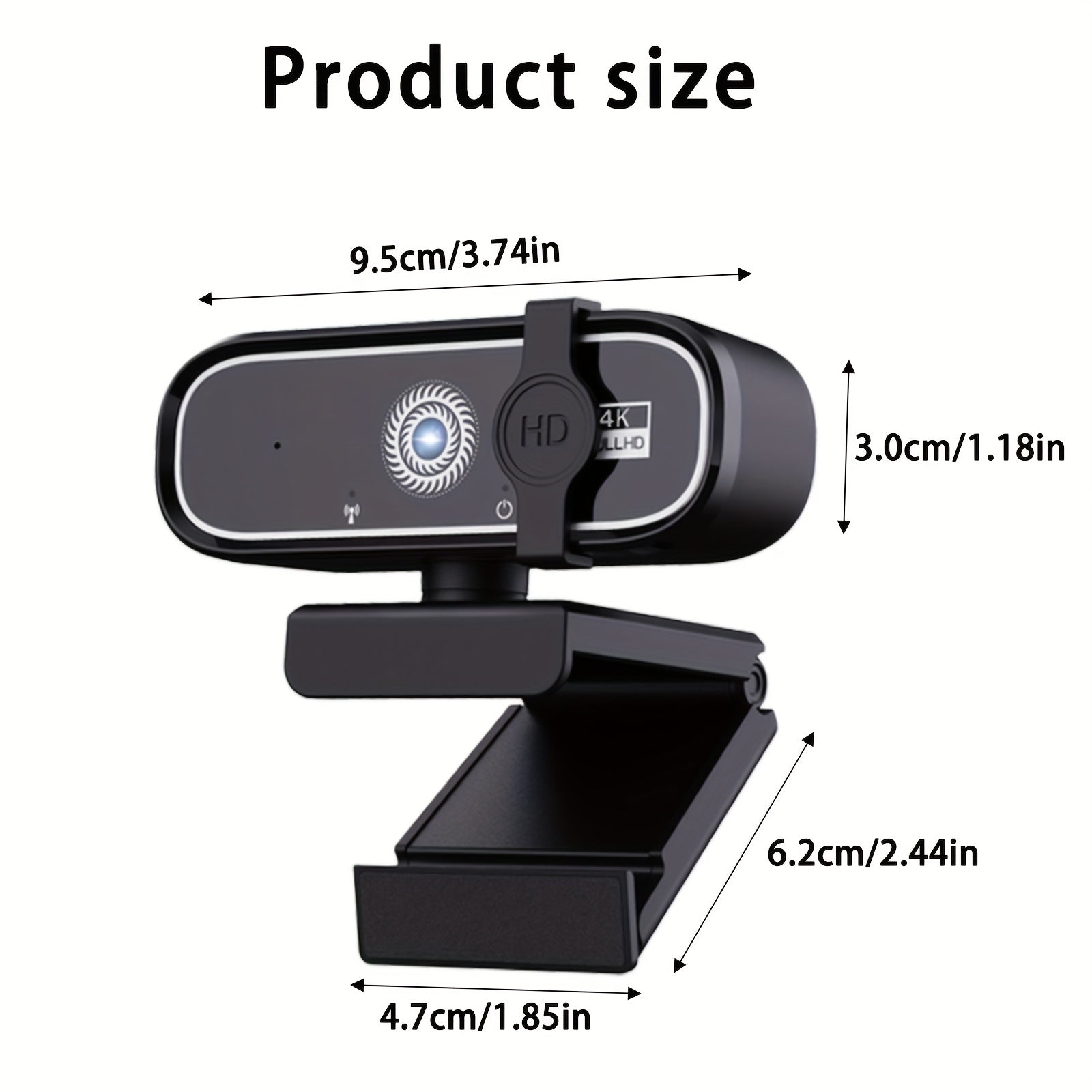 Black webcam with dimensions labeled on a white background