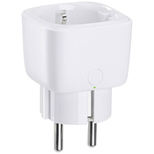 White smart plug with a green indicator light on a white background