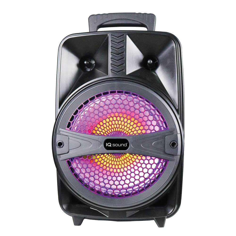 Portable speaker with colorful grill and 'iQ Sound' branding on a white background