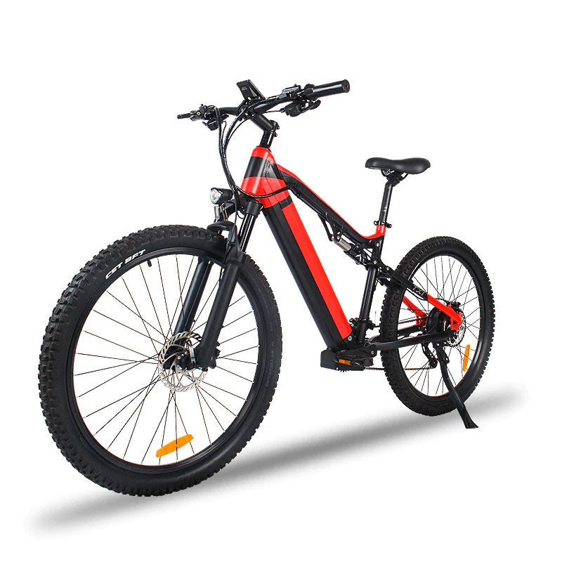 Black and red electric bicycle on a white background