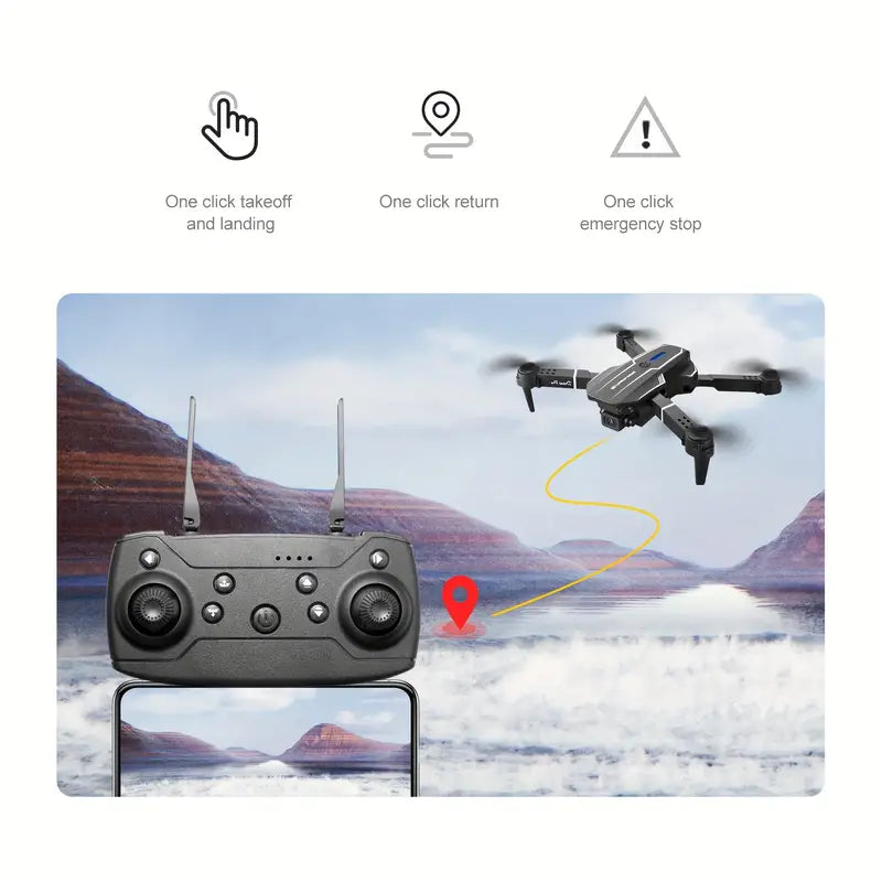 Drone control system with controller and drone flying over a landscape